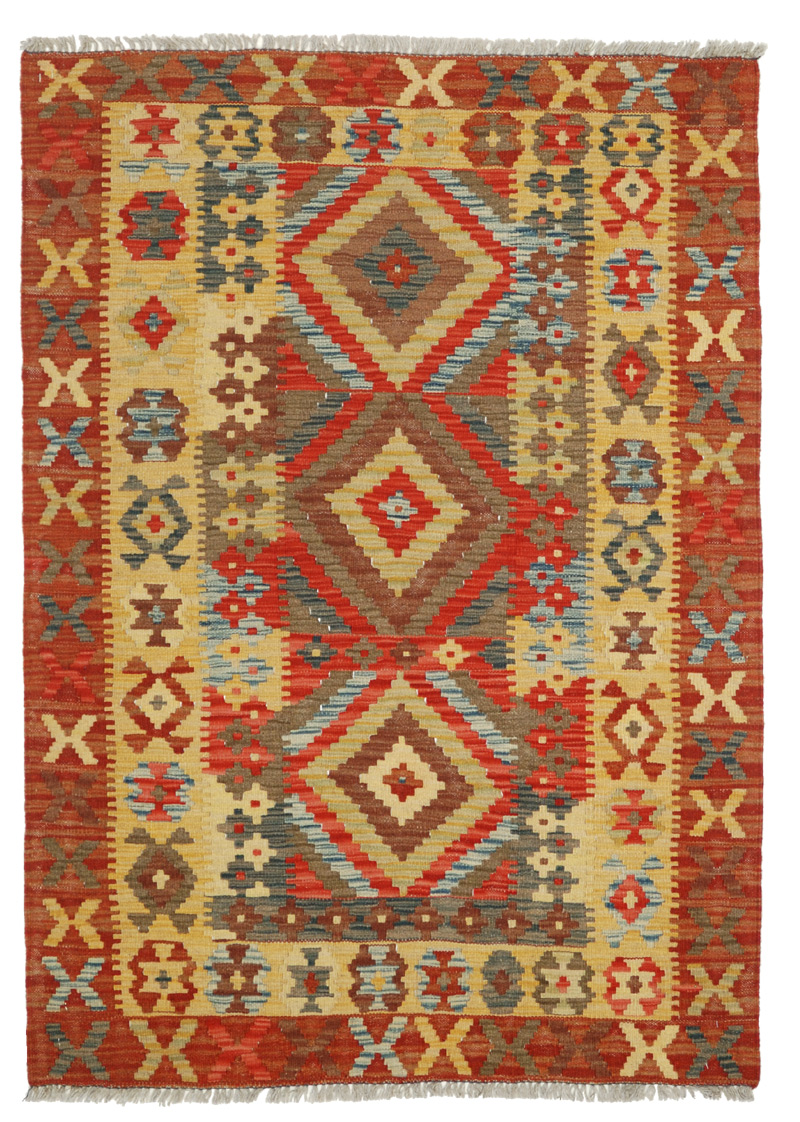 Kilim afgano misura zaronim con tre cornici, tre medaglioni. Interessante la bordura interna a motivo Medacil che si unisce ai rombi che costituiscono il centro del kilim.